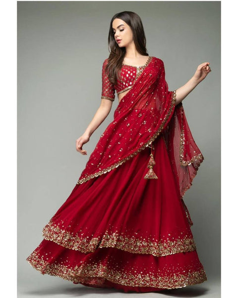 Red Elegant Heavy Georgette Lehenga Set with Embroidery & Sequins Detailing ClothsVilla Main image