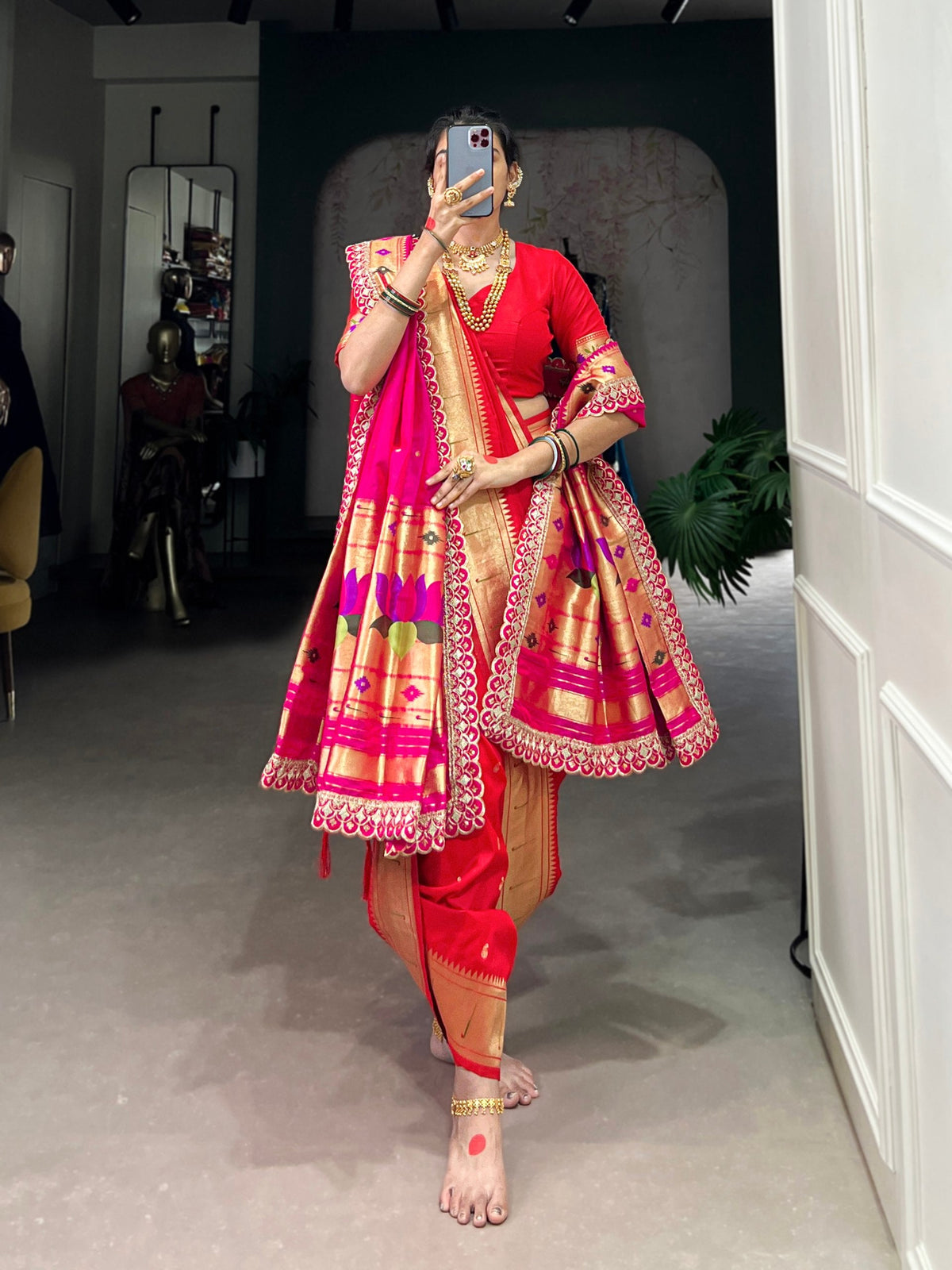 Red Elegant Jacquard Silk Paithani Zari Weaving Saree with Dupatta ClothsVilla
