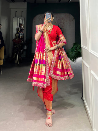 Red Elegant Jacquard Silk Paithani Zari Weaving Saree with Dupatta ClothsVilla
