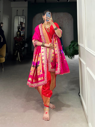 Red Elegant Jacquard Silk Paithani Zari Weaving Saree with Dupatta ClothsVilla