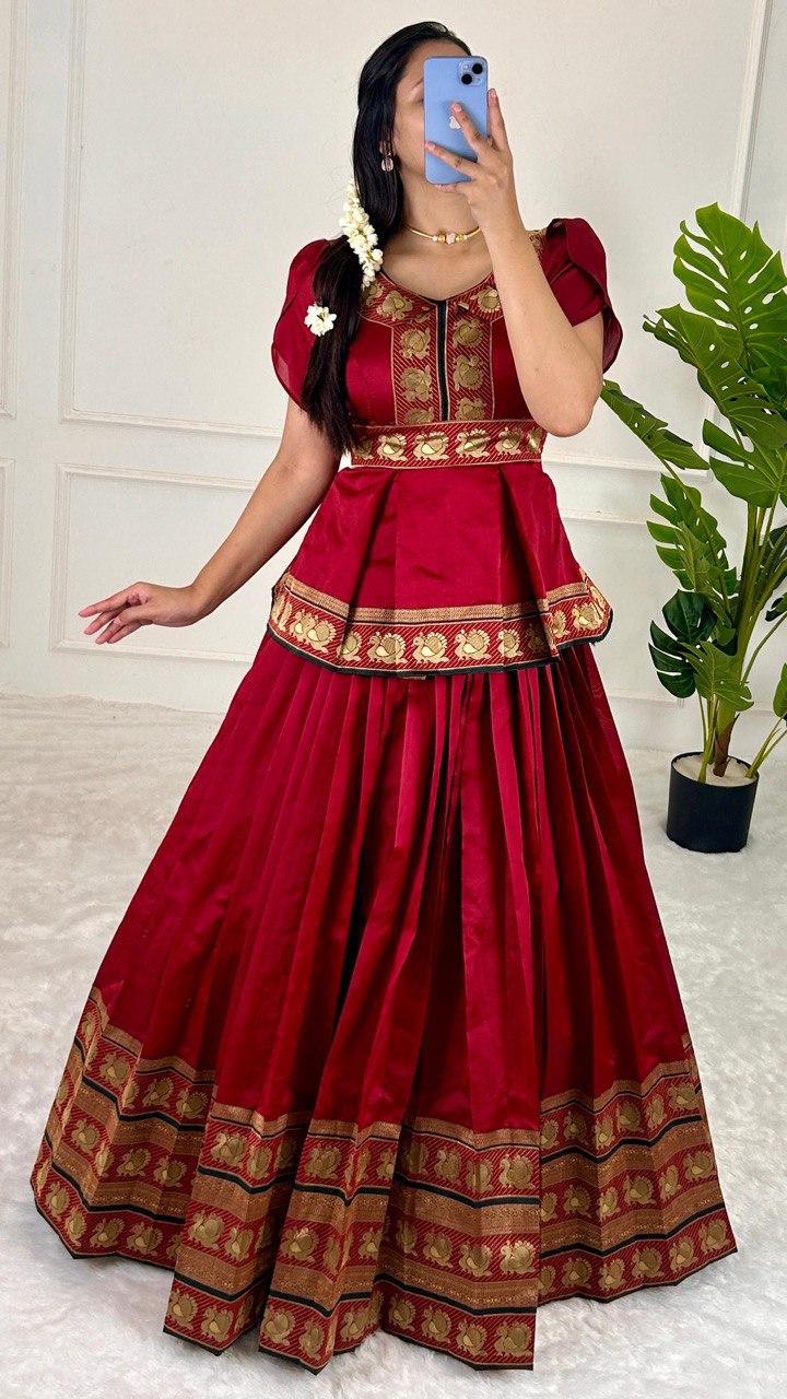 Red Elegant Jequard Silk Lehenga Set Clothsvilla