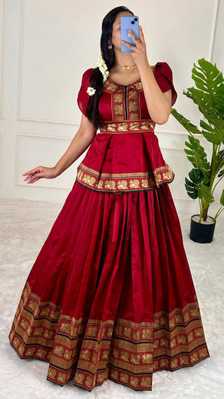 Red Elegant Jequard Silk Lehenga Set Clothsvilla