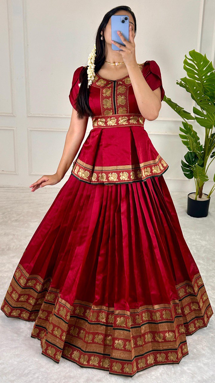 Red Elegant Jequard Silk Lehenga Set Clothsvilla