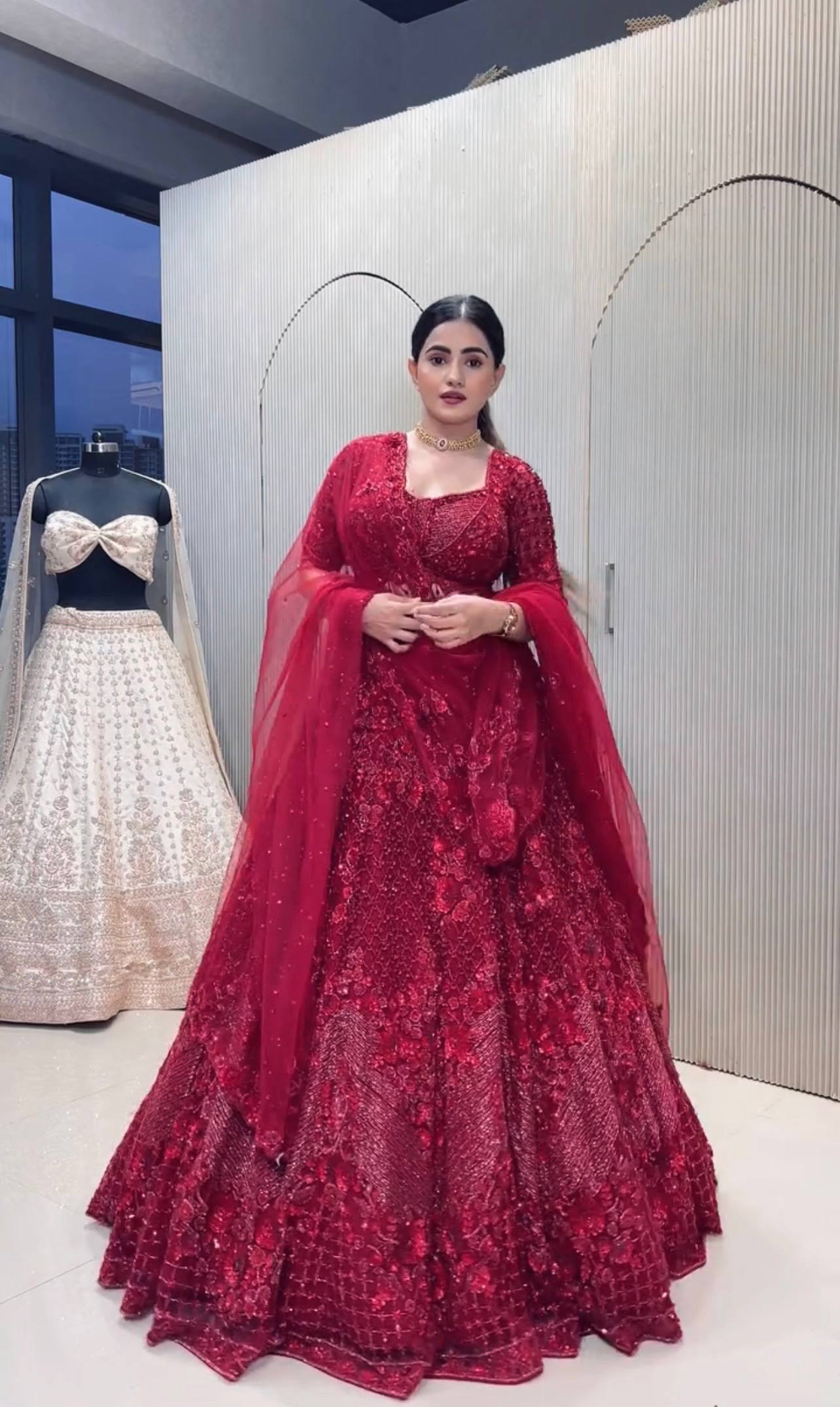Red Elegant Net Lehenga Set with Intricate Thread, Dori, Sequins & Beads Work ClothsVilla