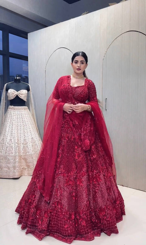 Red Elegant Net Lehenga Set with Intricate Thread, Dori, Sequins & Beads Work ClothsVilla Main image