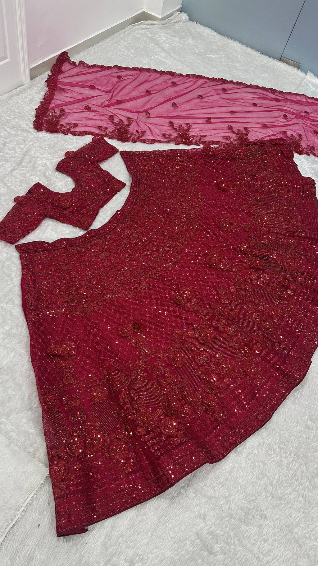 Red Elegant Net Lehenga Set with Intricate Thread, Dori, Sequins & Beads Work ClothsVilla