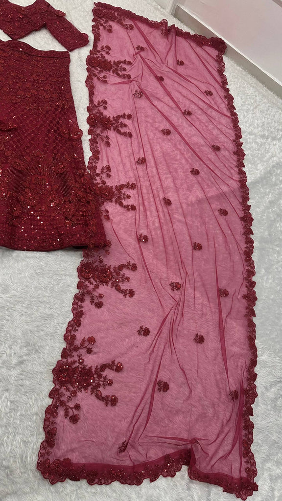 Red Elegant Net Lehenga Set with Intricate Thread, Dori, Sequins & Beads Work ClothsVilla