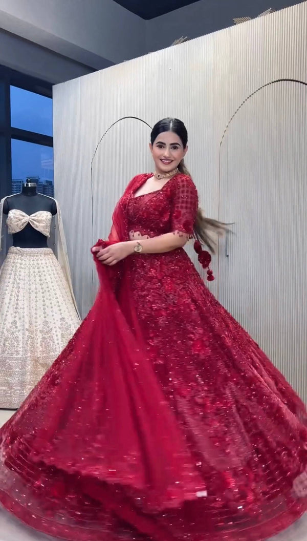 Red Elegant Net Lehenga Set with Intricate Thread, Dori, Sequins & Beads Work ClothsVilla