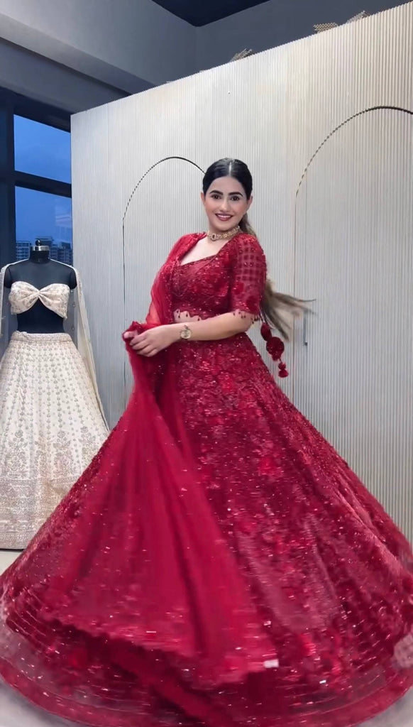 Red Elegant Net Lehenga Set with Intricate Thread, Dori, Sequins & Beads Work ClothsVilla