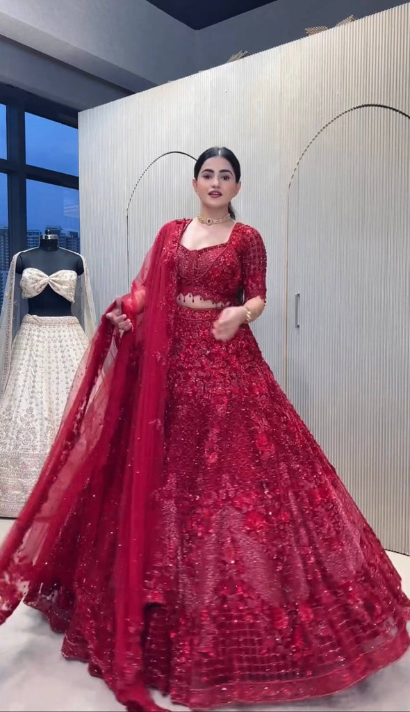 Red Elegant Net Lehenga Set with Intricate Thread, Dori, Sequins & Beads Work ClothsVilla