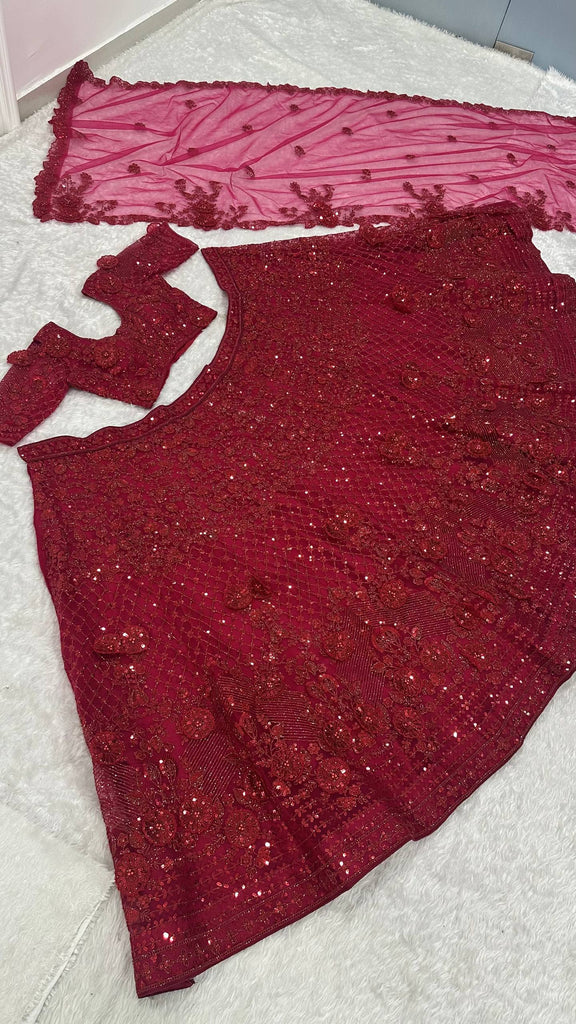 Red Elegant Net Lehenga Set with Intricate Thread, Dori, Sequins & Beads Work ClothsVilla