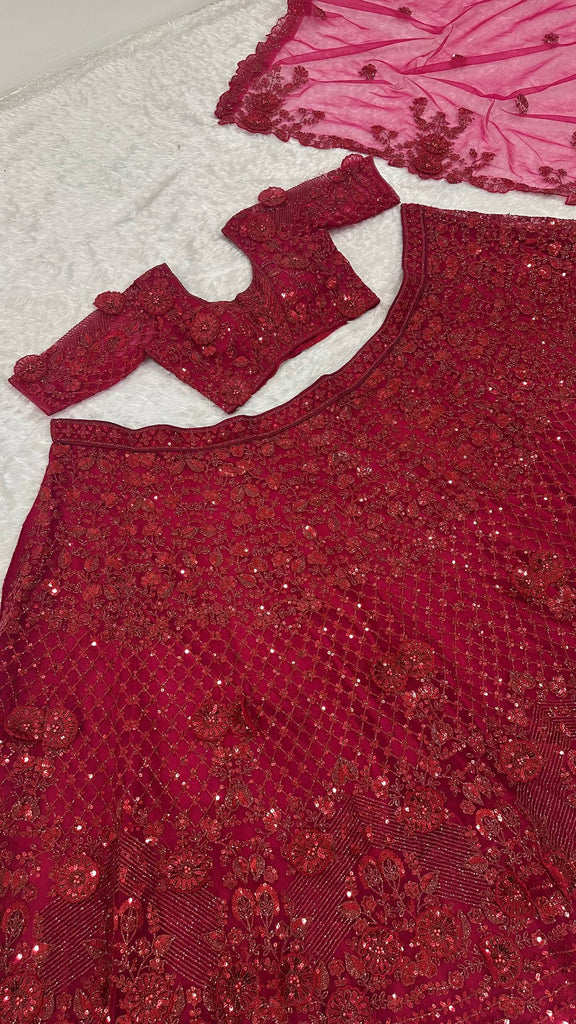 Red Elegant Net Lehenga Set with Intricate Thread, Dori, Sequins & Beads Work ClothsVilla