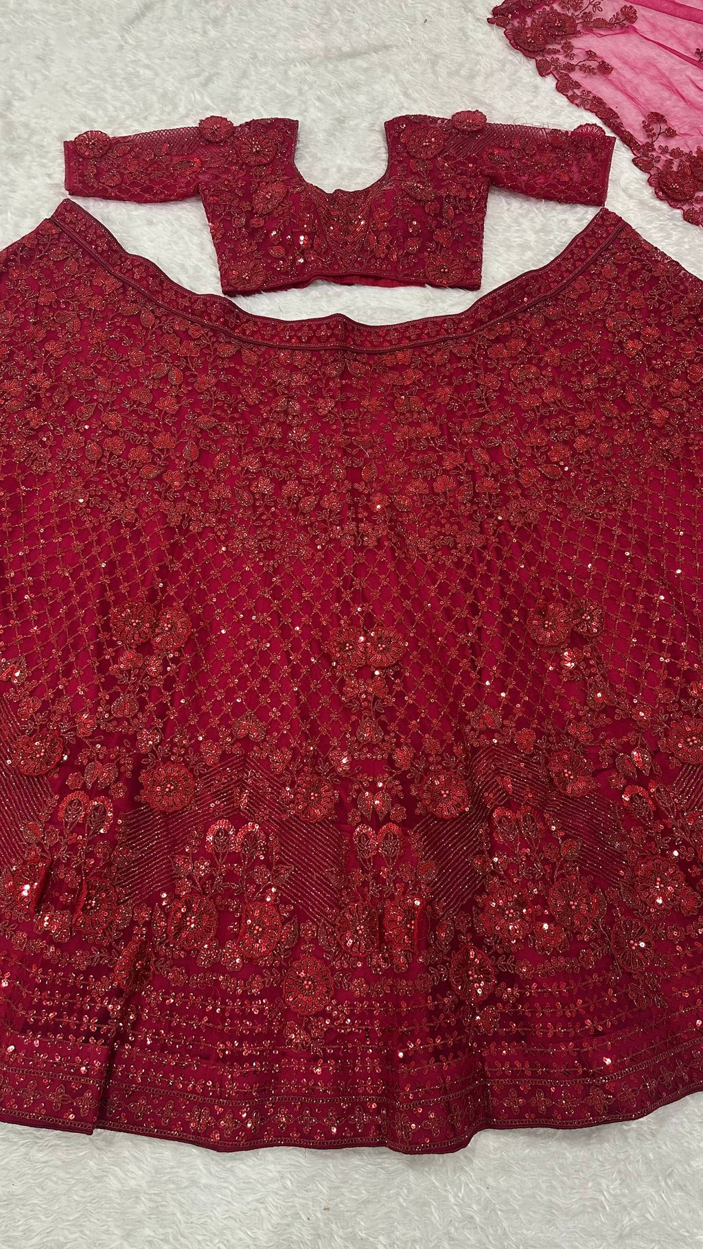 Red Elegant Net Lehenga Set with Intricate Thread, Dori, Sequins & Beads Work ClothsVilla