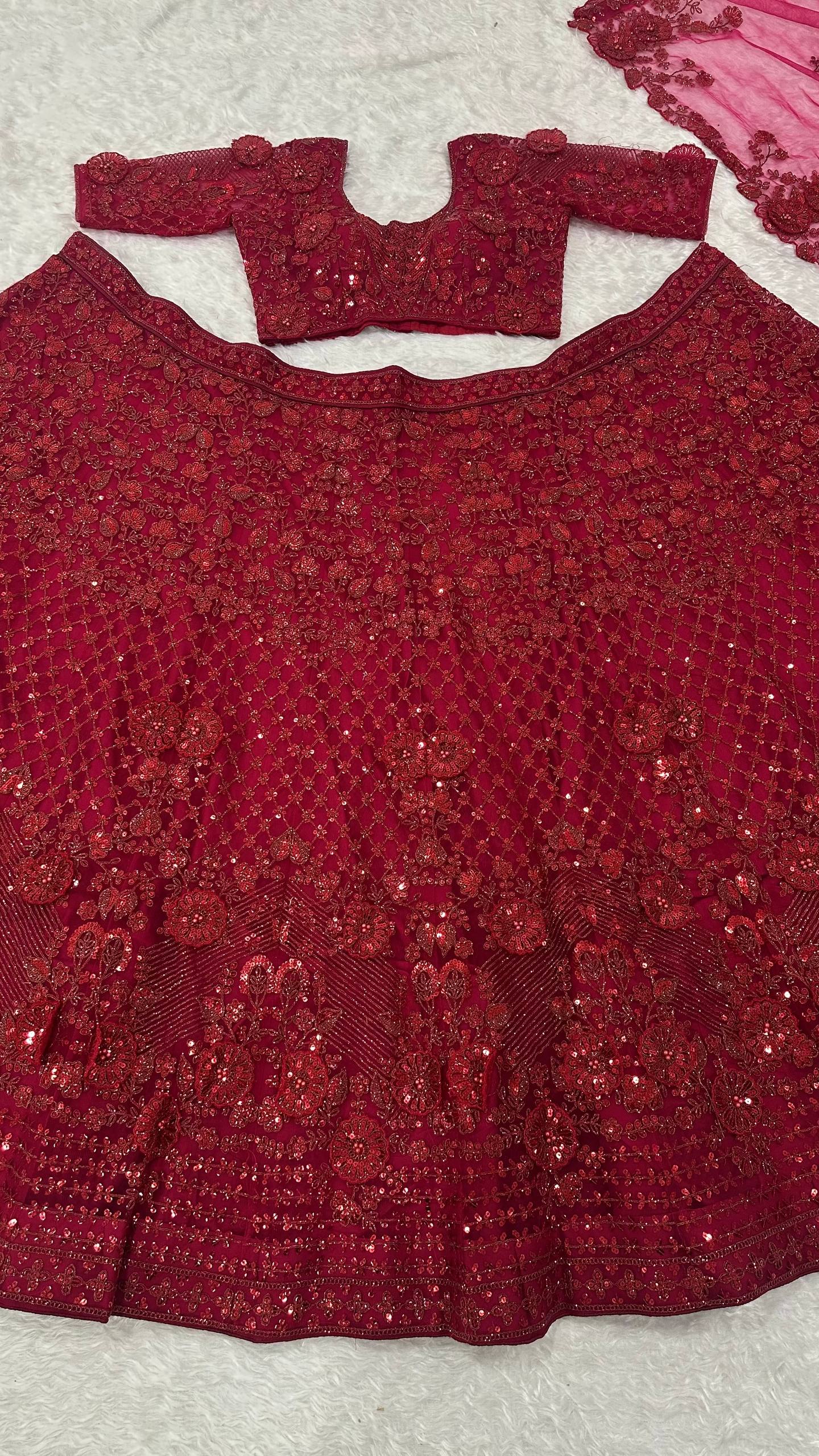 Red Elegant Net Lehenga Set with Intricate Thread, Dori, Sequins & Beads Work ClothsVilla