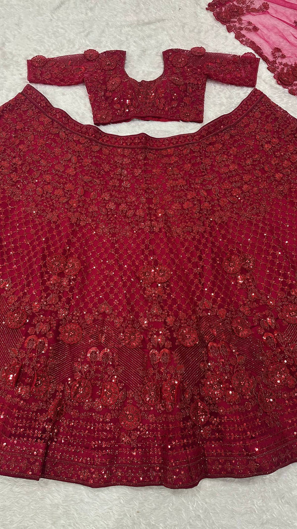 Red Elegant Net Lehenga Set with Intricate Thread, Dori, Sequins & Beads Work ClothsVilla