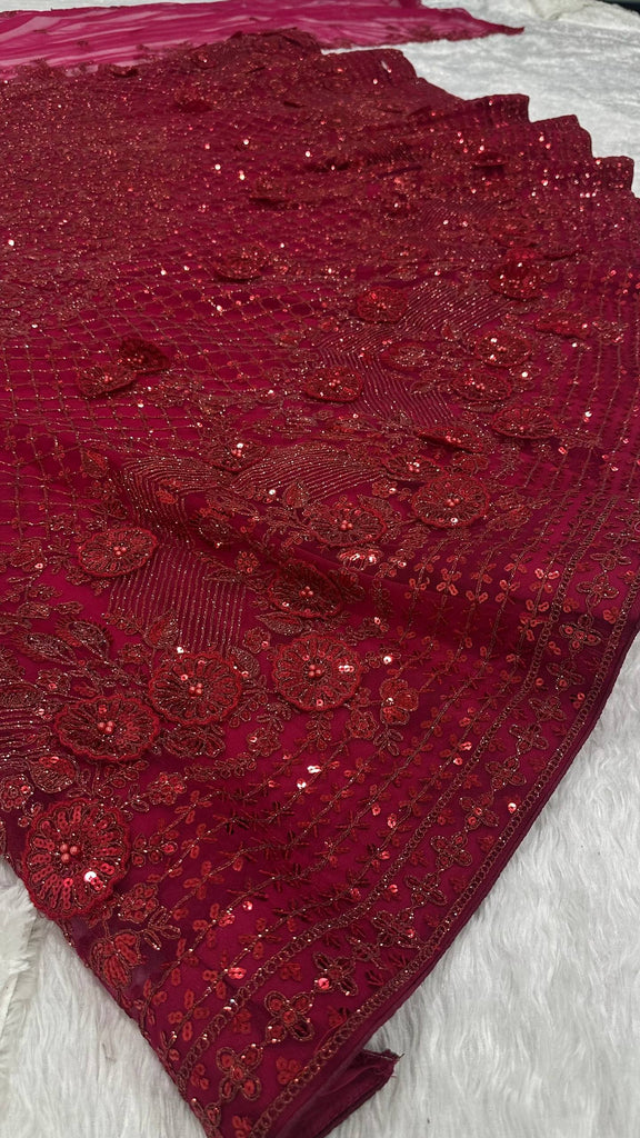 Red Elegant Net Lehenga Set with Intricate Thread, Dori, Sequins & Beads Work ClothsVilla