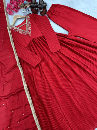 Red Elegant Party Wear Alia Cut Anarkali Gown Set with Dupatta & Bottom Clothsvilla