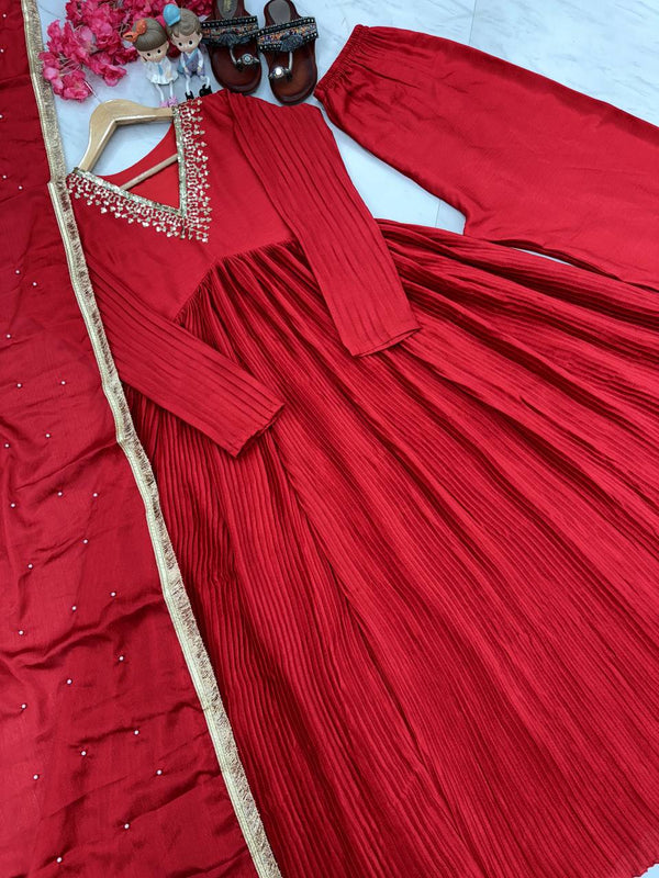 Red Elegant Party Wear Alia Cut Anarkali Gown Set with Dupatta & Bottom Clothsvilla
