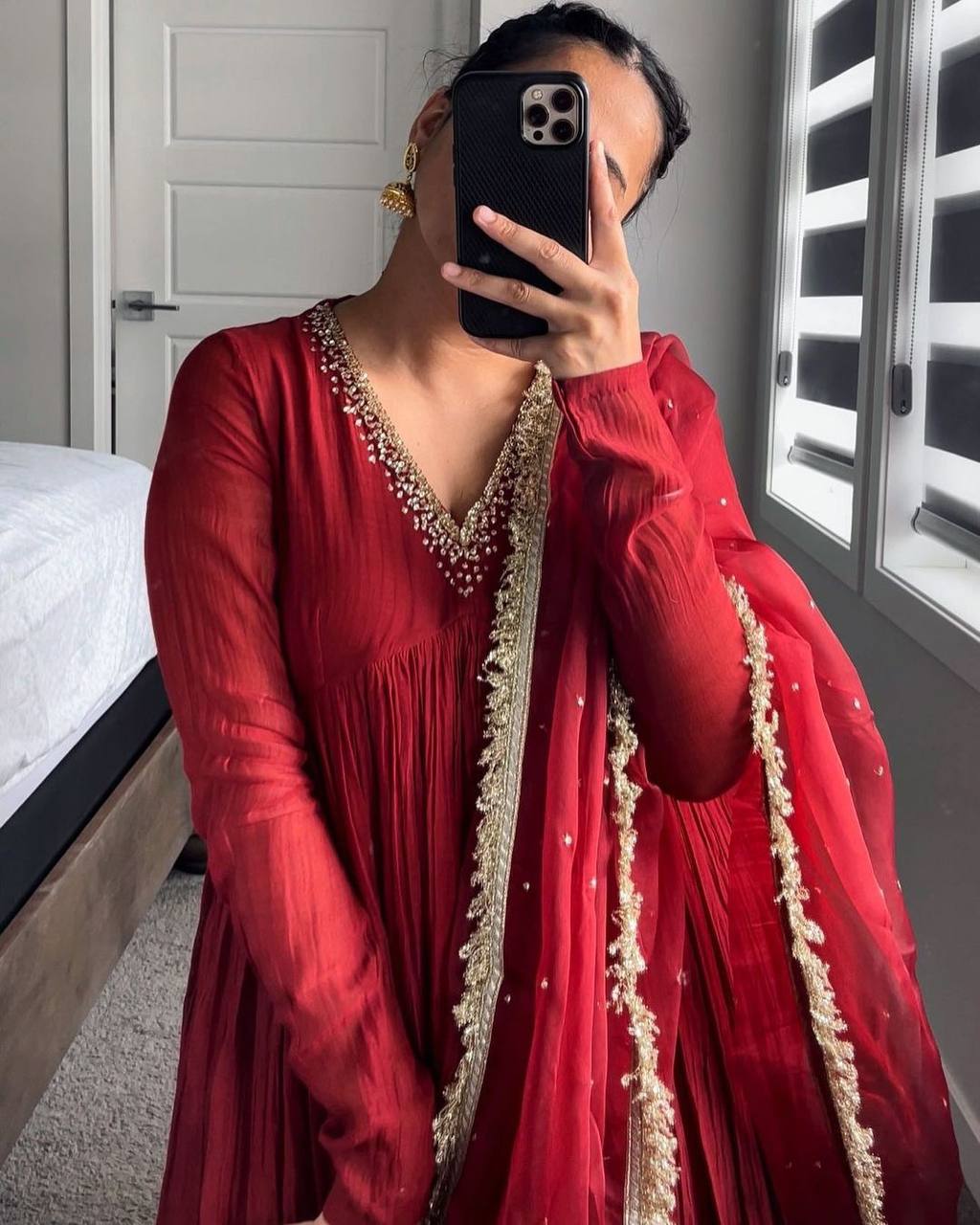 Red Elegant Party Wear Alia Cut Anarkali Gown Set with Dupatta & Bottom Secondary image
