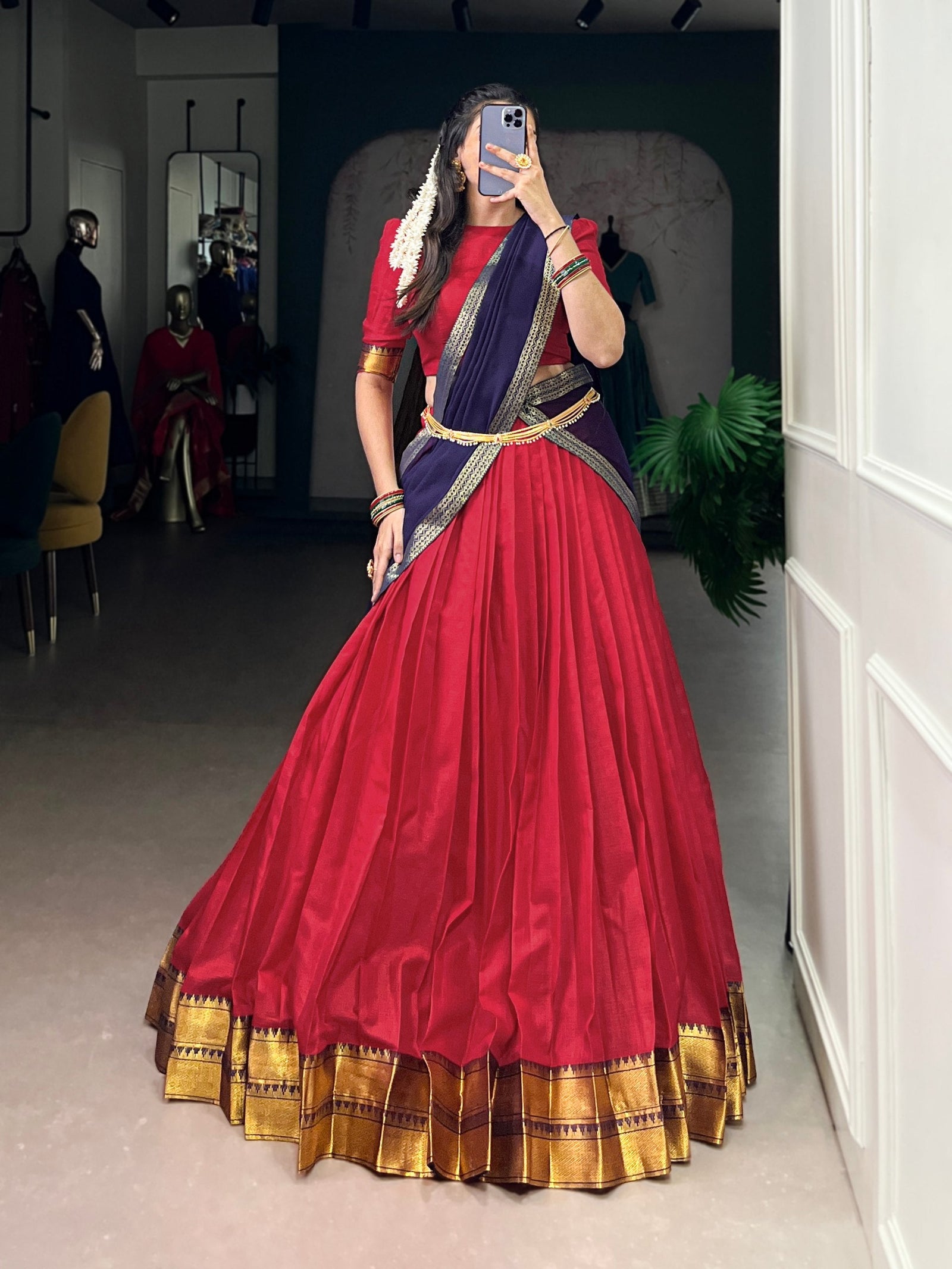 Red Elegant Poly Cotton Zari Weaving Stitched Lehenga Choli with Georgette Lace-Border Dupatta Premium Festive & Wedding Wear ClothsVilla