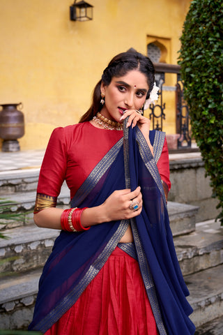 Red Elegant Poly Cotton Zari Weaving Stitched Lehenga Choli with Georgette Lace-Border Dupatta Premium Festive & Wedding Wear ClothsVilla