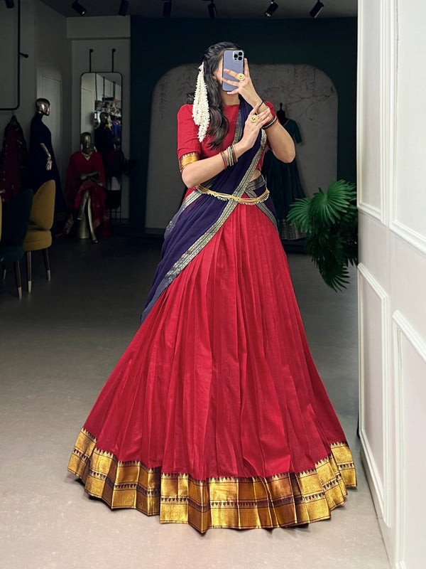 Red Elegant Poly Cotton Zari Weaving Stitched Lehenga Choli with Georgette Lace-Border Dupatta Premium Festive & Wedding Wear ClothsVilla
