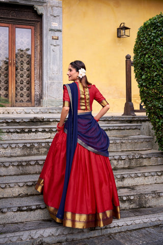 Red Elegant Poly Cotton Zari Weaving Stitched Lehenga Choli with Georgette Lace-Border Dupatta Premium Festive & Wedding Wear ClothsVilla