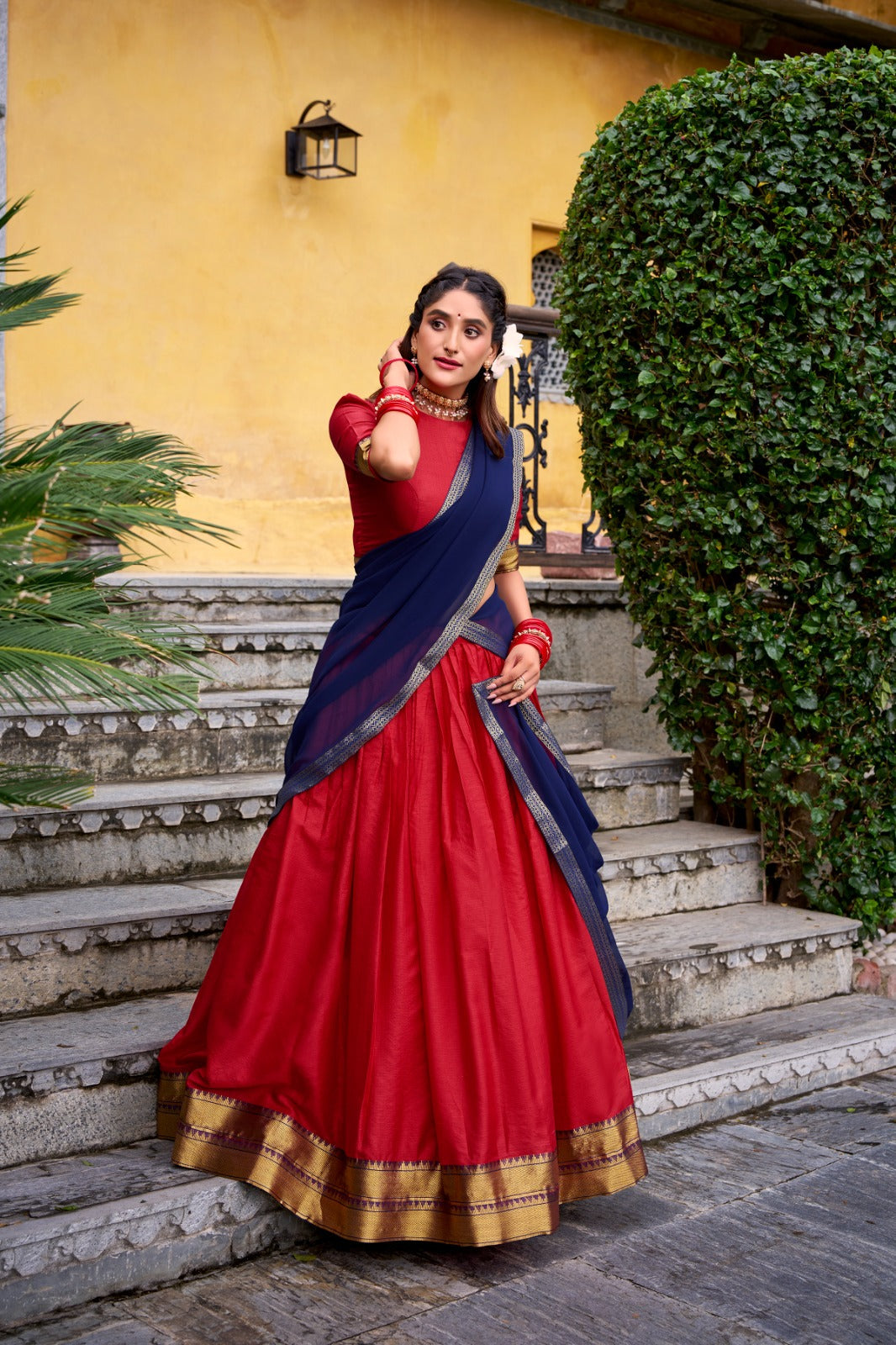 Red Elegant Poly Cotton Zari Weaving Stitched Lehenga Choli with Georgette Lace-Border Dupatta Premium Festive & Wedding Wear ClothsVilla