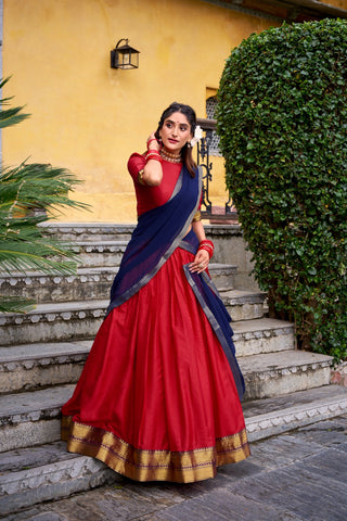 Red Elegant Poly Cotton Zari Weaving Stitched Lehenga Choli with Georgette Lace-Border Dupatta Premium Festive & Wedding Wear ClothsVilla