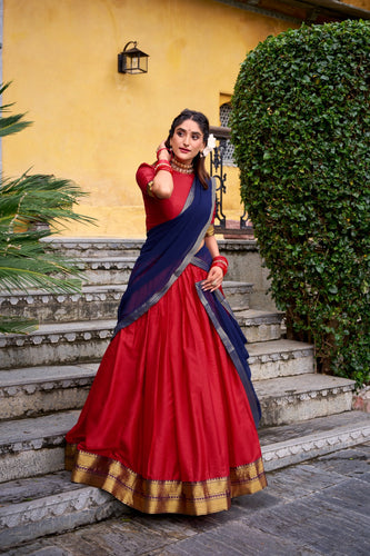 Red Elegant Poly Cotton Zari Weaving Stitched Lehenga Choli with Georgette Lace-Border Dupatta Premium Festive & Wedding Wear ClothsVilla