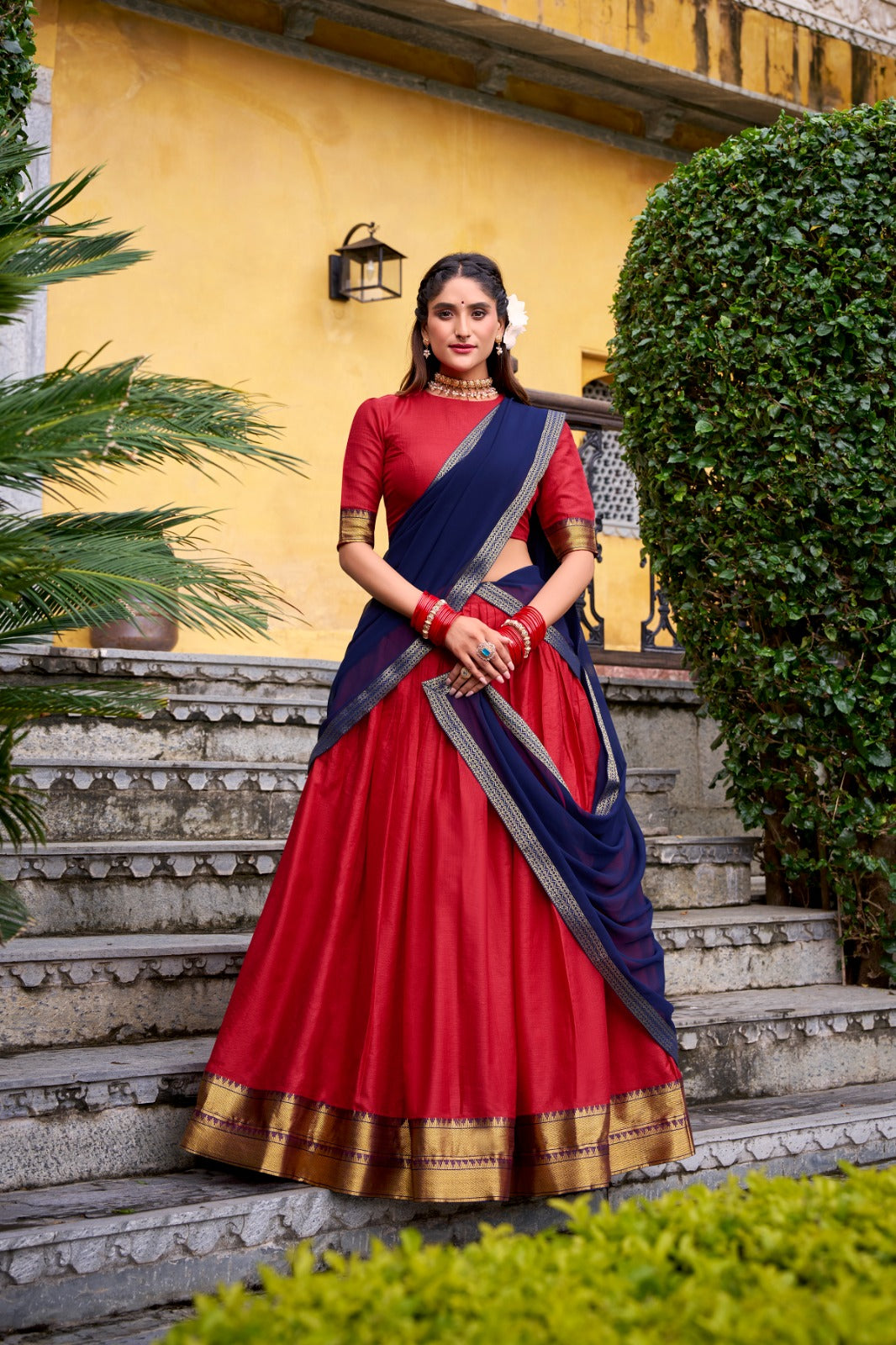 Red Elegant Poly Cotton Zari Weaving Stitched Lehenga Choli with Georgette Lace-Border Dupatta Premium Festive & Wedding Wear ClothsVilla