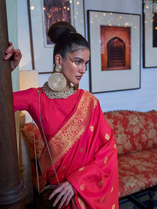 Red Elegant Printed Chanderi Silk Blend Saree with Tassel Detailing ClothsVilla