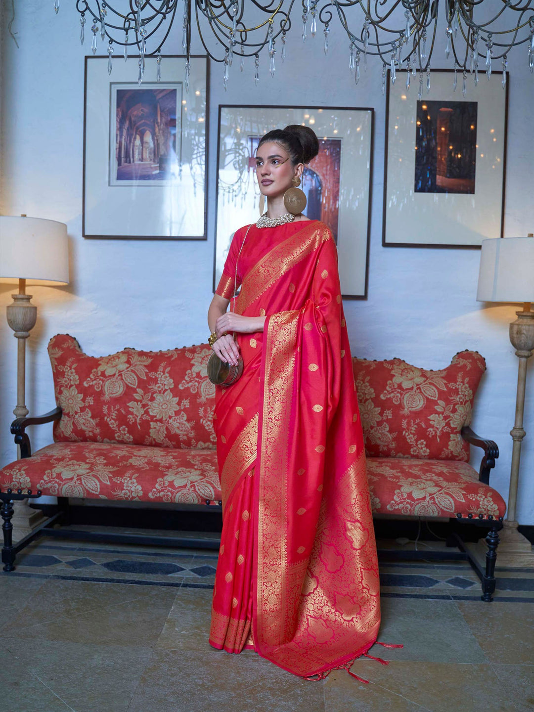 Red Elegant Printed Chanderi Silk Blend Saree with Tassel Detailing ClothsVilla
