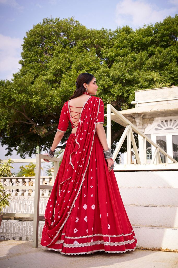 Red Elegant Pure Chanderi Bandhej Print Lehenga Set with Blouse & Dupatta – Stitched with Canvas and Lace Detailing ClothsVilla