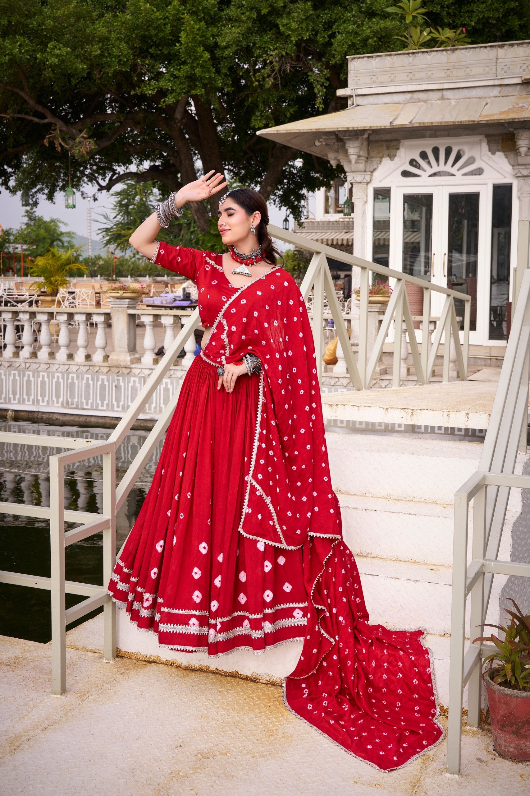 Red Elegant Pure Chanderi Bandhej Print Lehenga Set with Blouse & Dupatta – Stitched with Canvas and Lace Detailing ClothsVilla