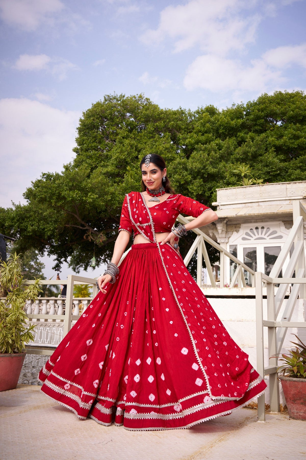 Red Elegant Pure Chanderi Bandhej Print Lehenga Set with Blouse & Dupatta – Stitched with Canvas and Lace Detailing ClothsVilla Main image
