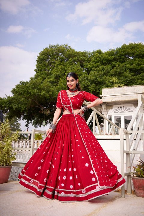 Red Elegant Pure Chanderi Bandhej Print Lehenga Set with Blouse & Dupatta – Stitched with Canvas and Lace Detailing ClothsVilla Main image