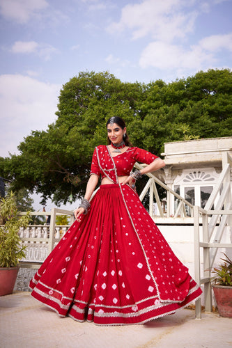 Red Elegant Pure Chanderi Bandhej Print Lehenga Set with Blouse & Dupatta – Stitched with Canvas and Lace Detailing ClothsVilla