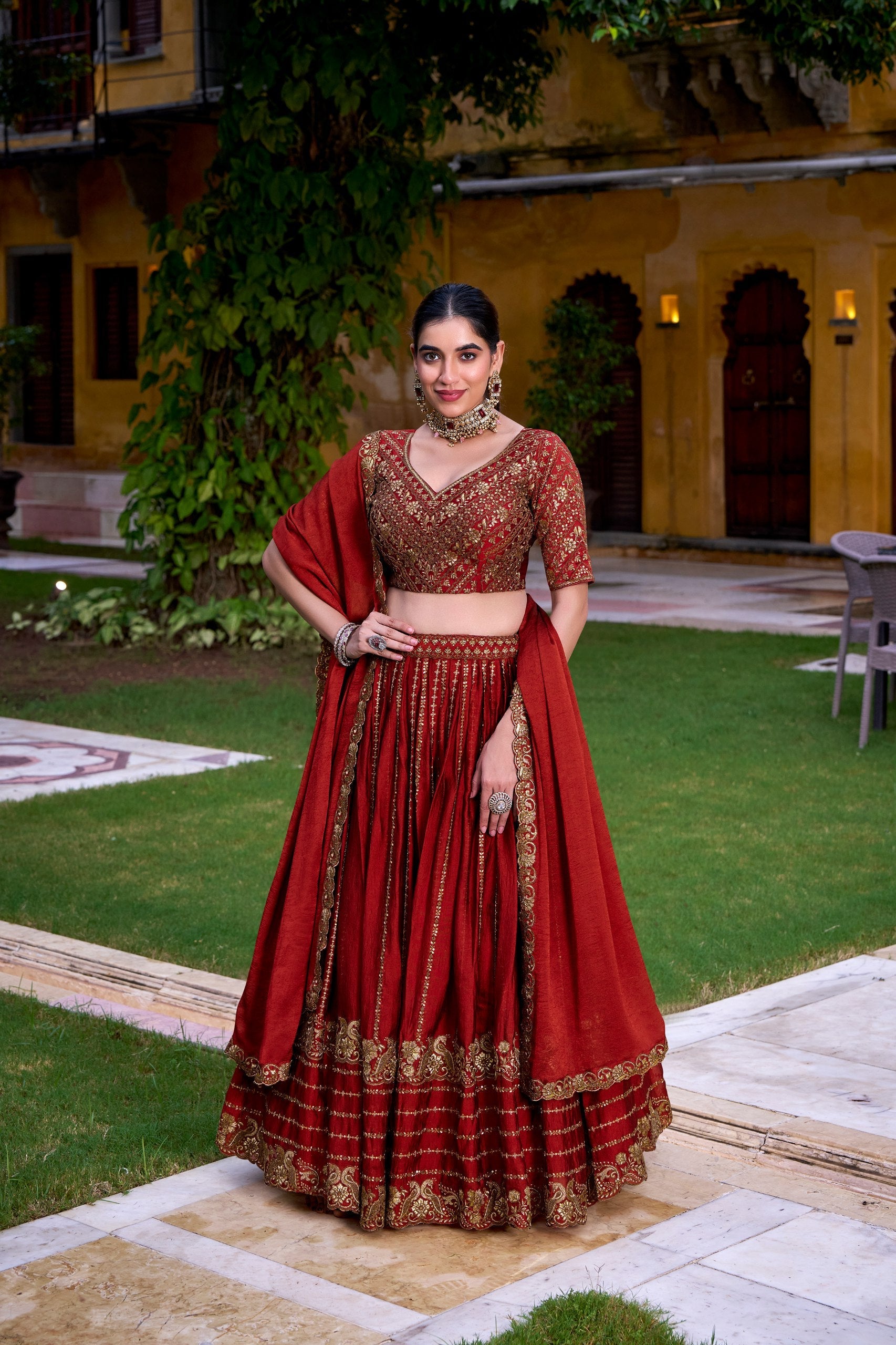 Red Elegant Rangoli Crush Lehenga with Sequins & Thread Embroidery, Matching Blouse & Dupatta ClothsVilla Main image