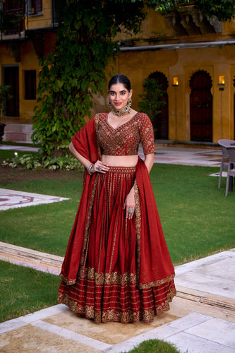 Red Elegant Rangoli Crush Lehenga with Sequins & Thread Embroidery, Matching Blouse & Dupatta ClothsVilla