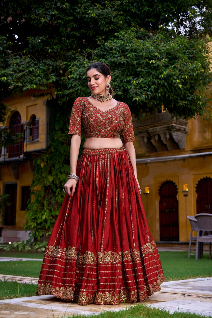 Red Elegant Rangoli Crush Lehenga with Sequins & Thread Embroidery, Matching Blouse & Dupatta ClothsVilla