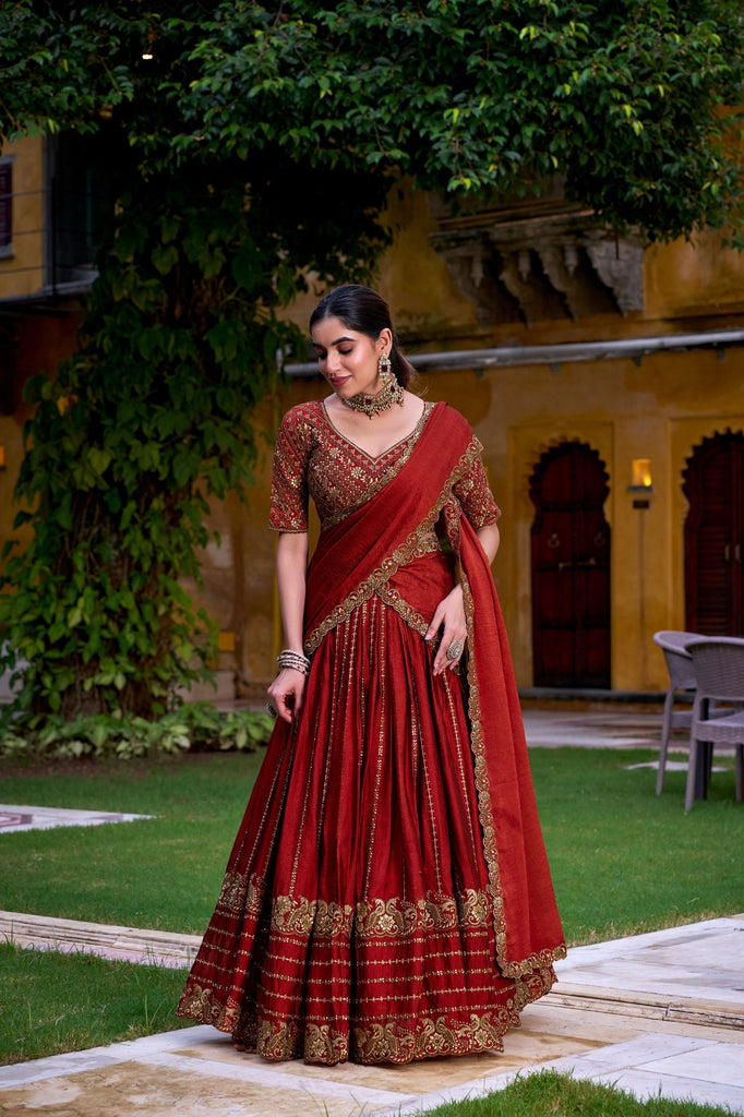 Red Elegant Rangoli Crush Lehenga with Sequins & Thread Embroidery, Matching Blouse & Dupatta ClothsVilla