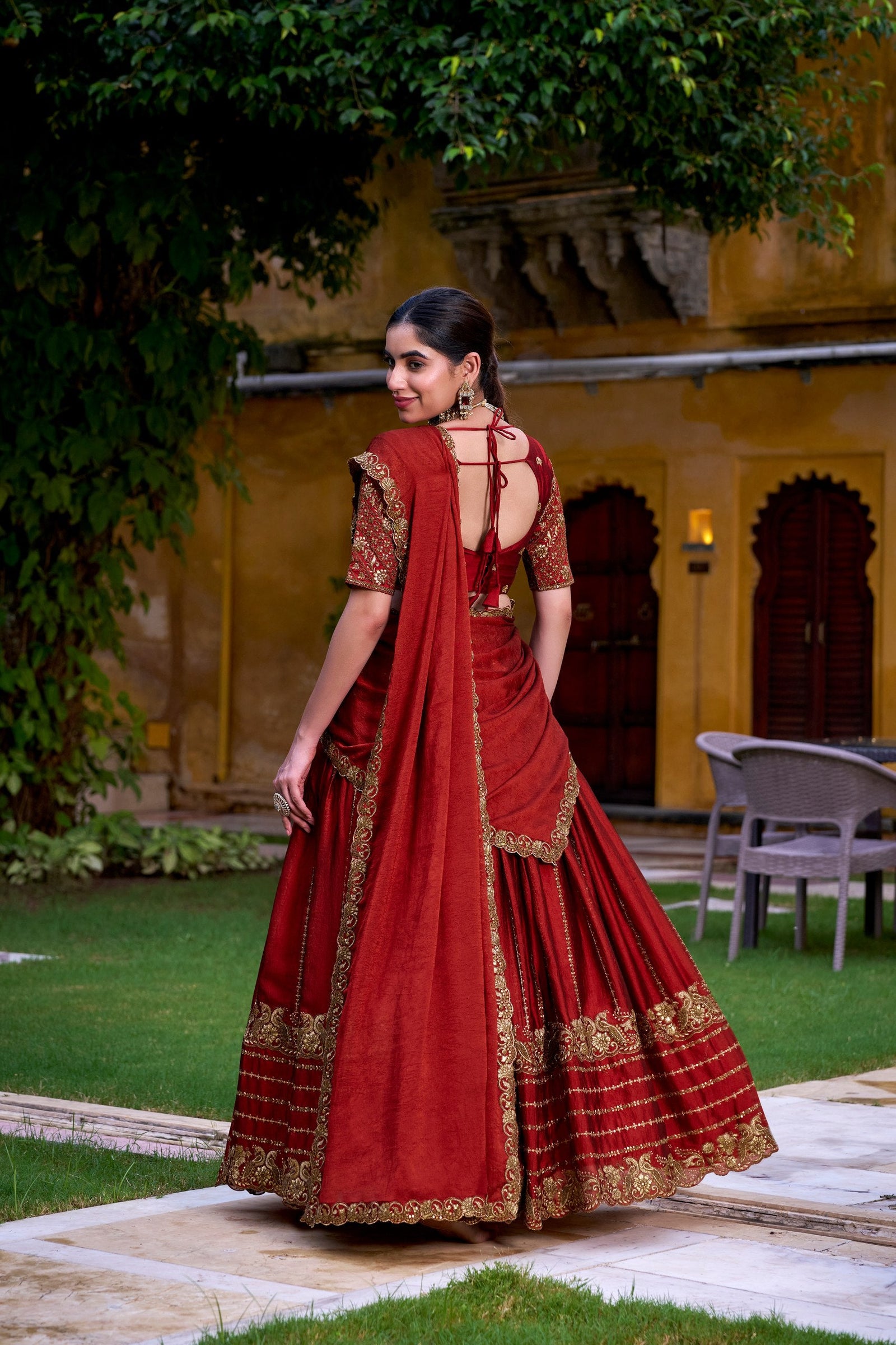 Red Elegant Rangoli Crush Lehenga with Sequins & Thread Embroidery, Matching Blouse & Dupatta ClothsVilla