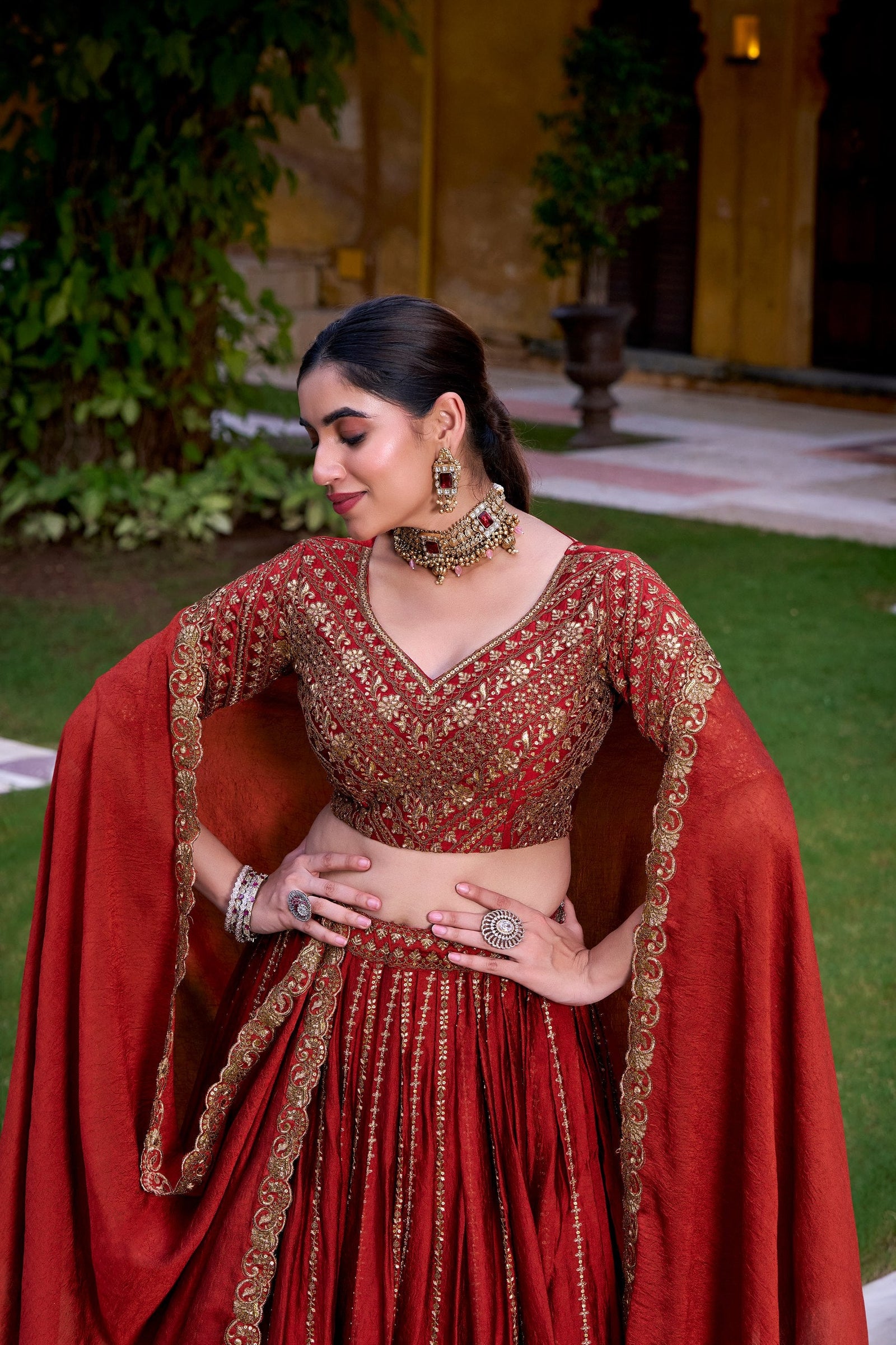 Red Elegant Rangoli Crush Lehenga with Sequins & Thread Embroidery, Matching Blouse & Dupatta ClothsVilla