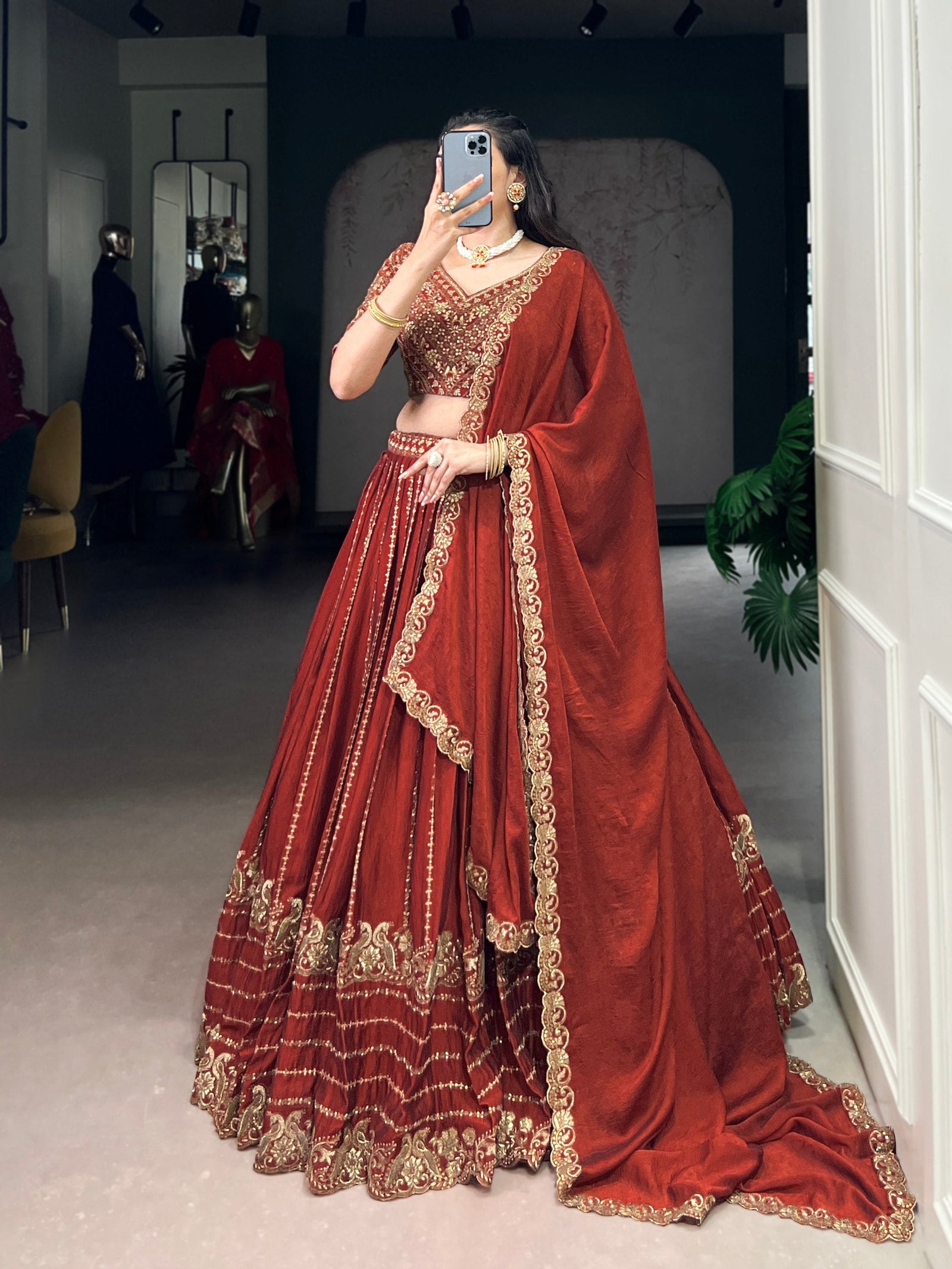 Red Elegant Rangoli Crush Lehenga with Sequins & Thread Embroidery, Matching Blouse & Dupatta ClothsVilla
