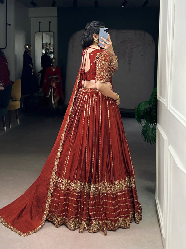 Red Elegant Rangoli Crush Lehenga with Sequins & Thread Embroidery, Matching Blouse & Dupatta ClothsVilla