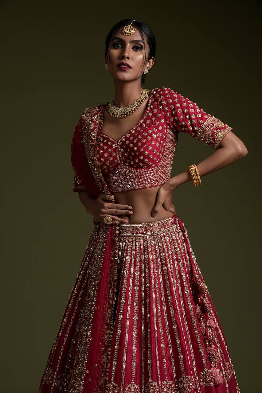 Red Elegant Rangoon Silk Lehenga Set with Sequins and Dori Work ClothsVilla