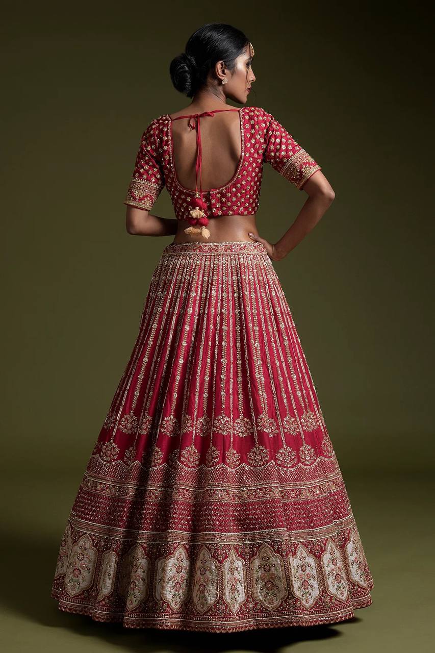 Red Elegant Rangoon Silk Lehenga Set with Sequins and Dori Work ClothsVilla