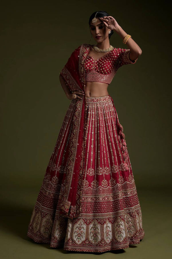 Red Elegant Rangoon Silk Lehenga Set with Sequins and Dori Work ClothsVilla