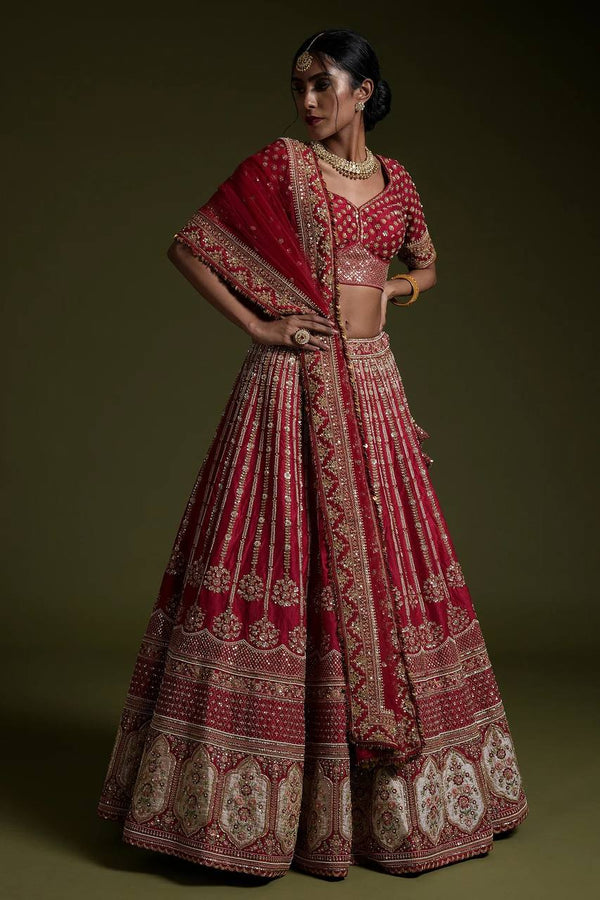 Red Elegant Rangoon Silk Lehenga Set with Sequins and Dori Work ClothsVilla